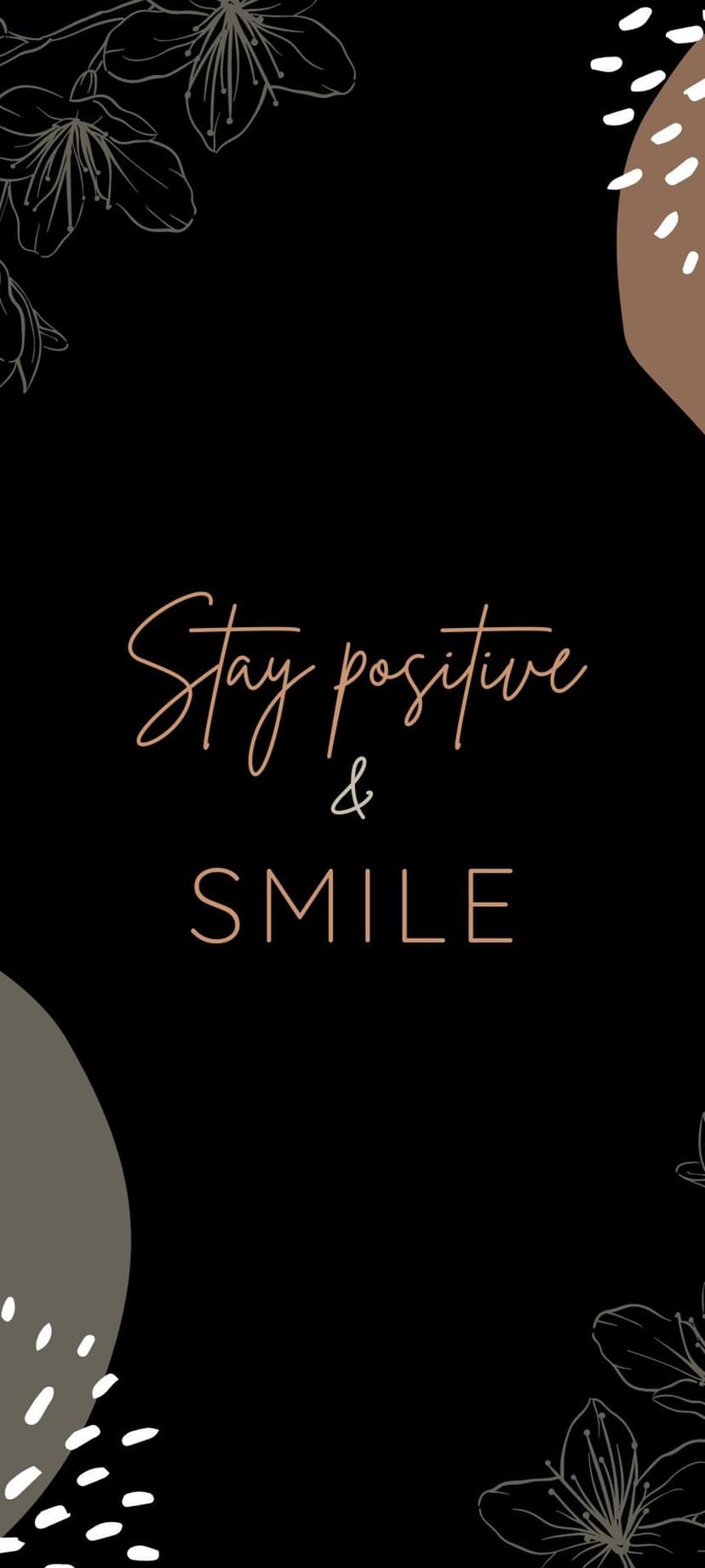 Handwritten quote surrounded by botanical line drawings and abstract shapes on a deep black background.