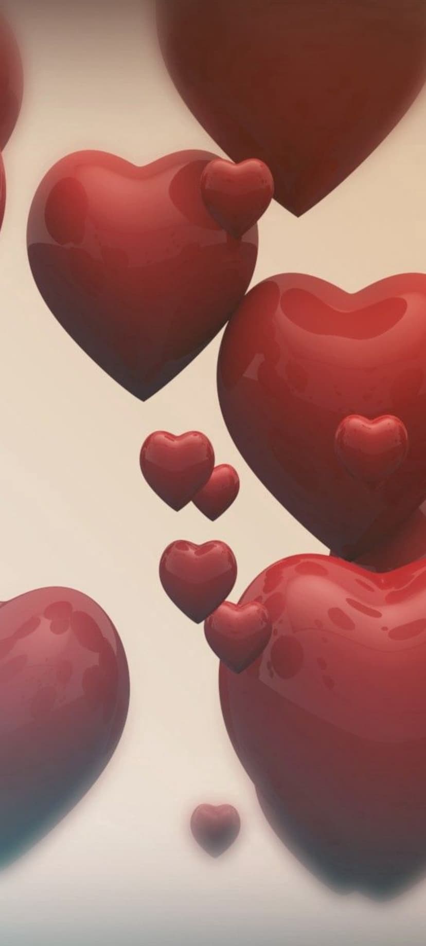 Polished red hearts in various sizes float over a soft beige gradient background with smooth lighting effects.