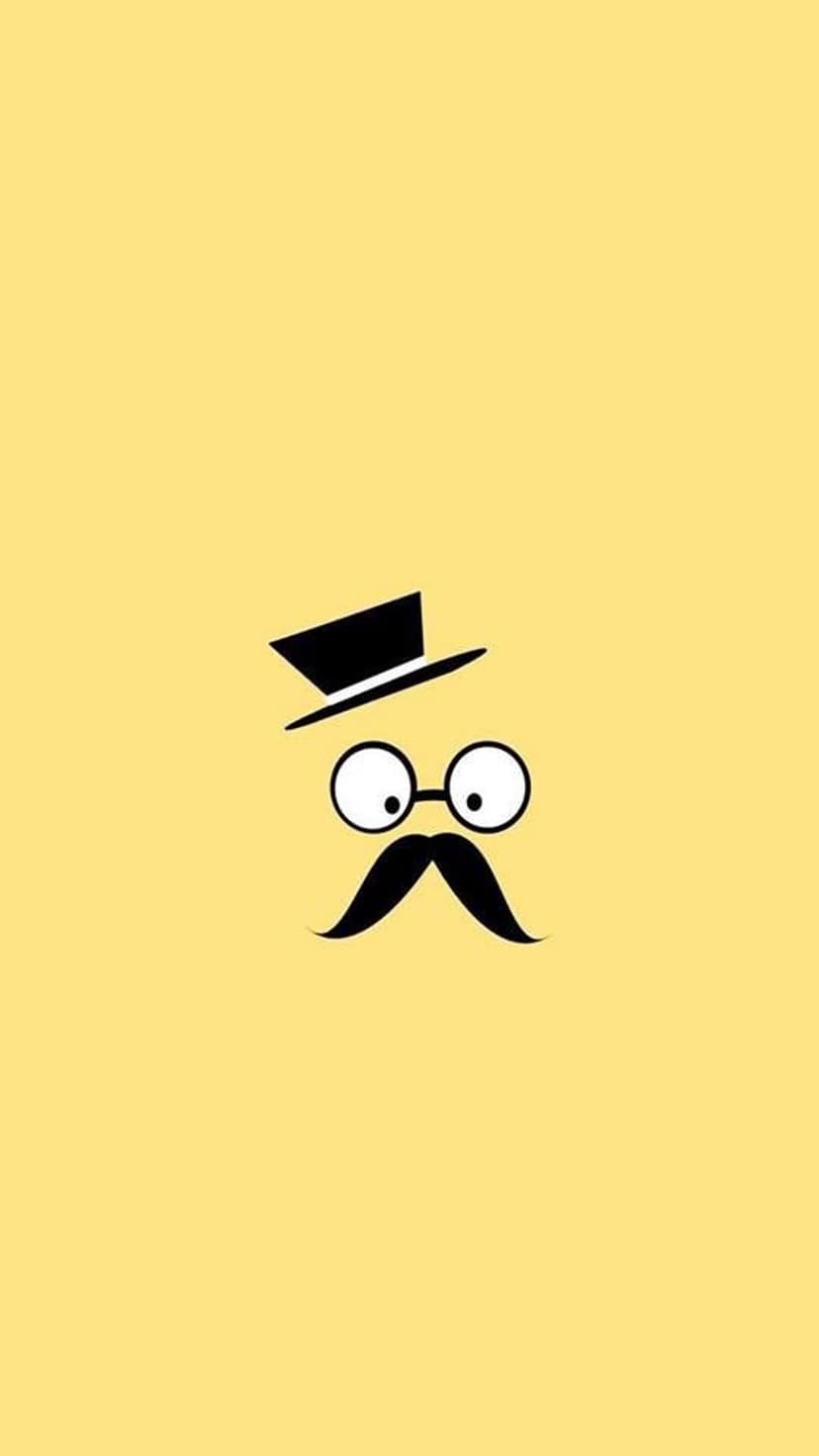 Black top hat, round eyeglasses, and a curled handlebar mustache centered on a bright solid yellow background.