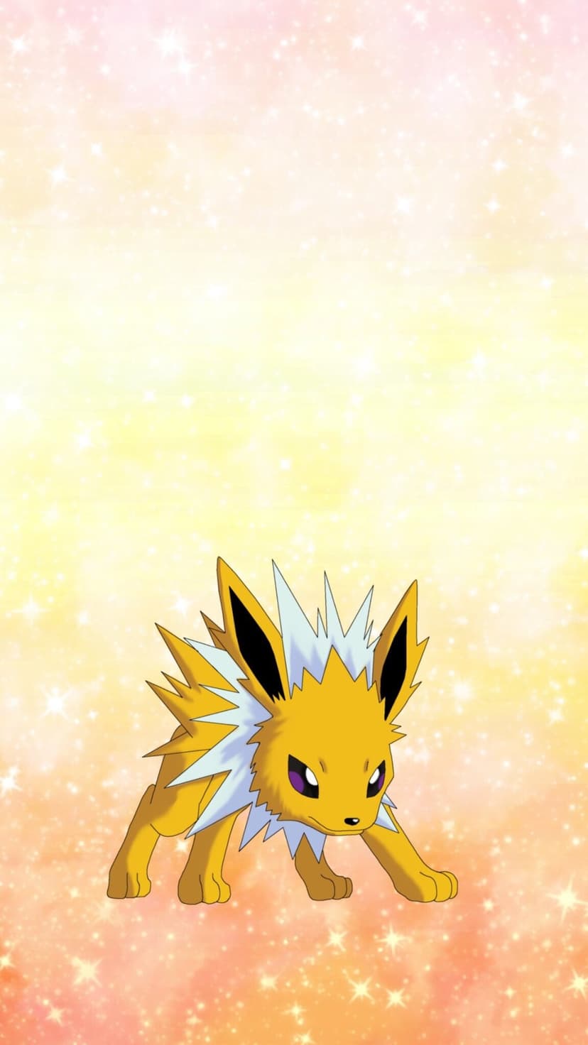 Jolteon pokemon crouched on a sparkling yellow and peach background featuring shimmering white star effects.