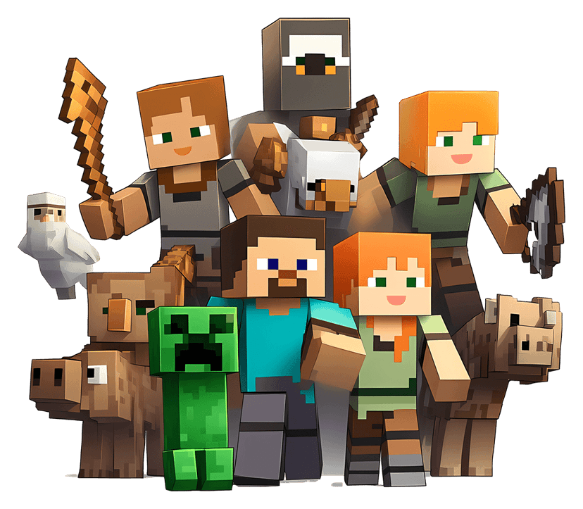 Minecraft characters and creatures feature blocky pixel art geometry with green and brown voxel textures.
