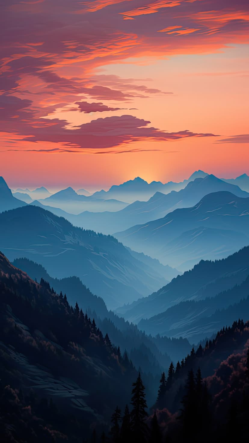 Blue mountain ridges fade into mist under a glowing orange and pink sunset sky with dark pine tree silhouettes.