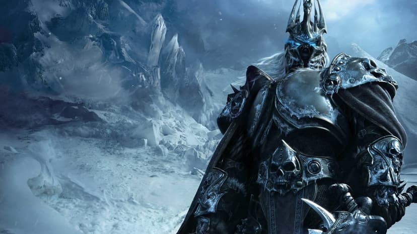 Lich King in dark skull armor with glowing blue eyes standing before frozen mountains and jagged ice peaks.