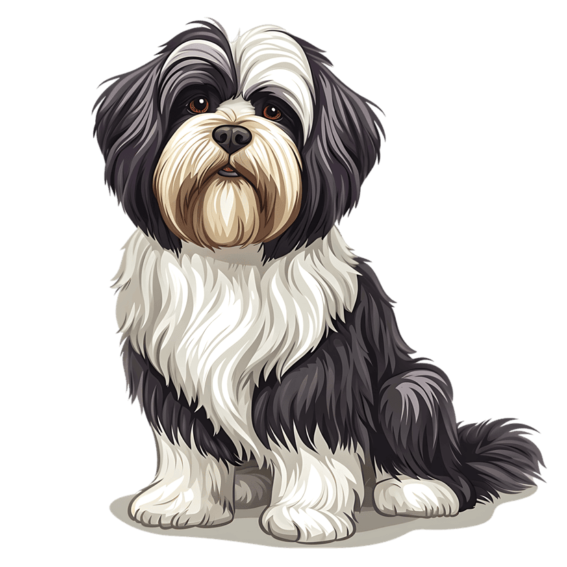 Shih Tzu dog illustration featuring black and white fluffy fur textures while sitting in a frontal pose.