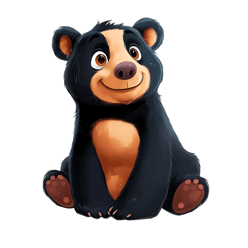 Sitting bear vector illustration with dark fur and a tan chest smiling while showing pink paw pads on feet.