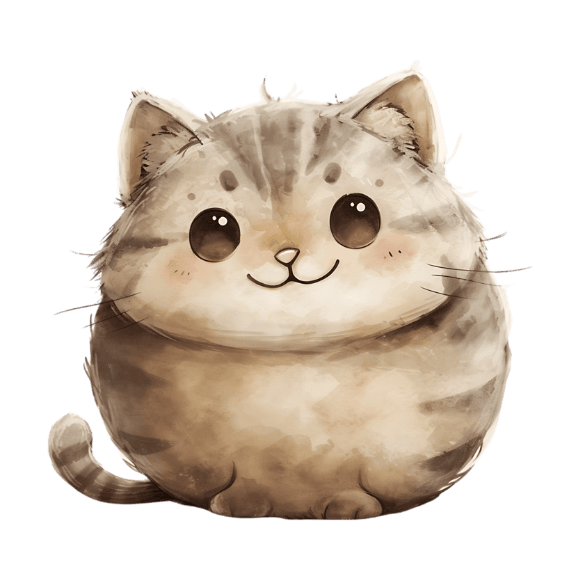 Watercolor cat illustration featuring a round body and large expressive eyes against a transparent background.