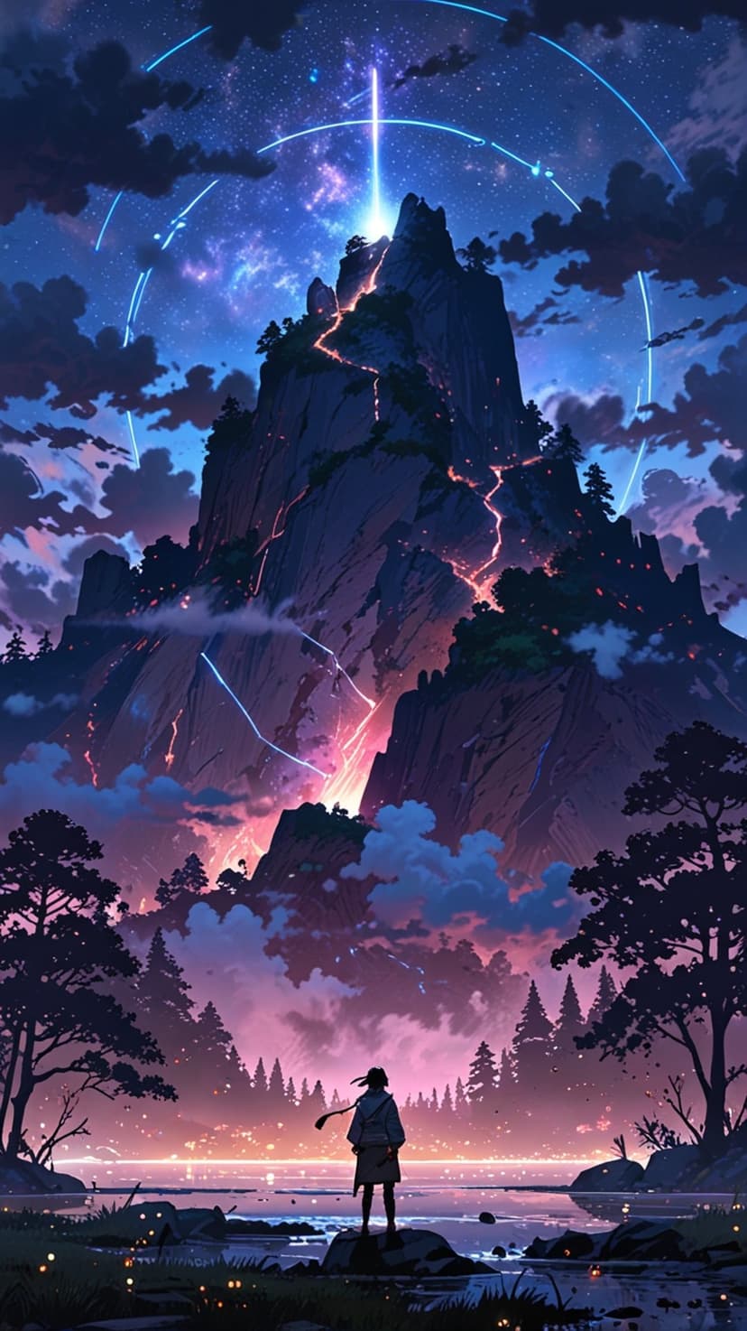 Solitary figure stands by a serene lake watching electric lightning strikes hit a mountain peak under a starry sky.
