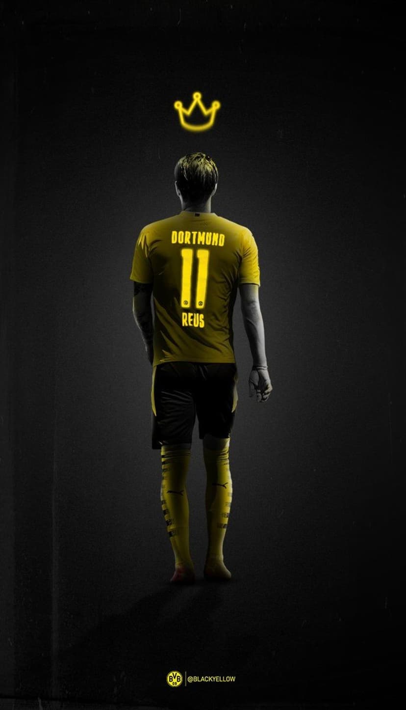 Marco Reus from behind in a yellow Dortmund jersey with a glowing golden crown over a dark black background.