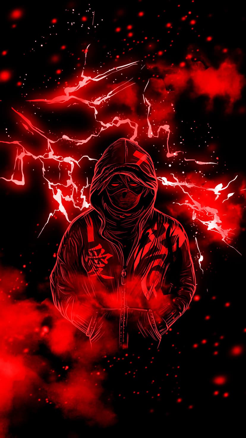 Masked figure wearing a hoodie surrounded by jagged red lightning strikes and glowing embers on a dark backdrop.