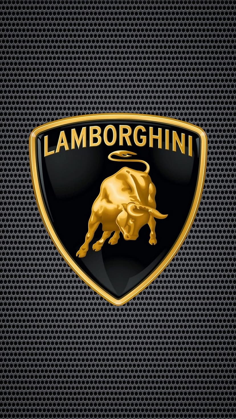 Golden Lamborghini bull crest and logo centered on a dark grey perforated metal industrial texture background.