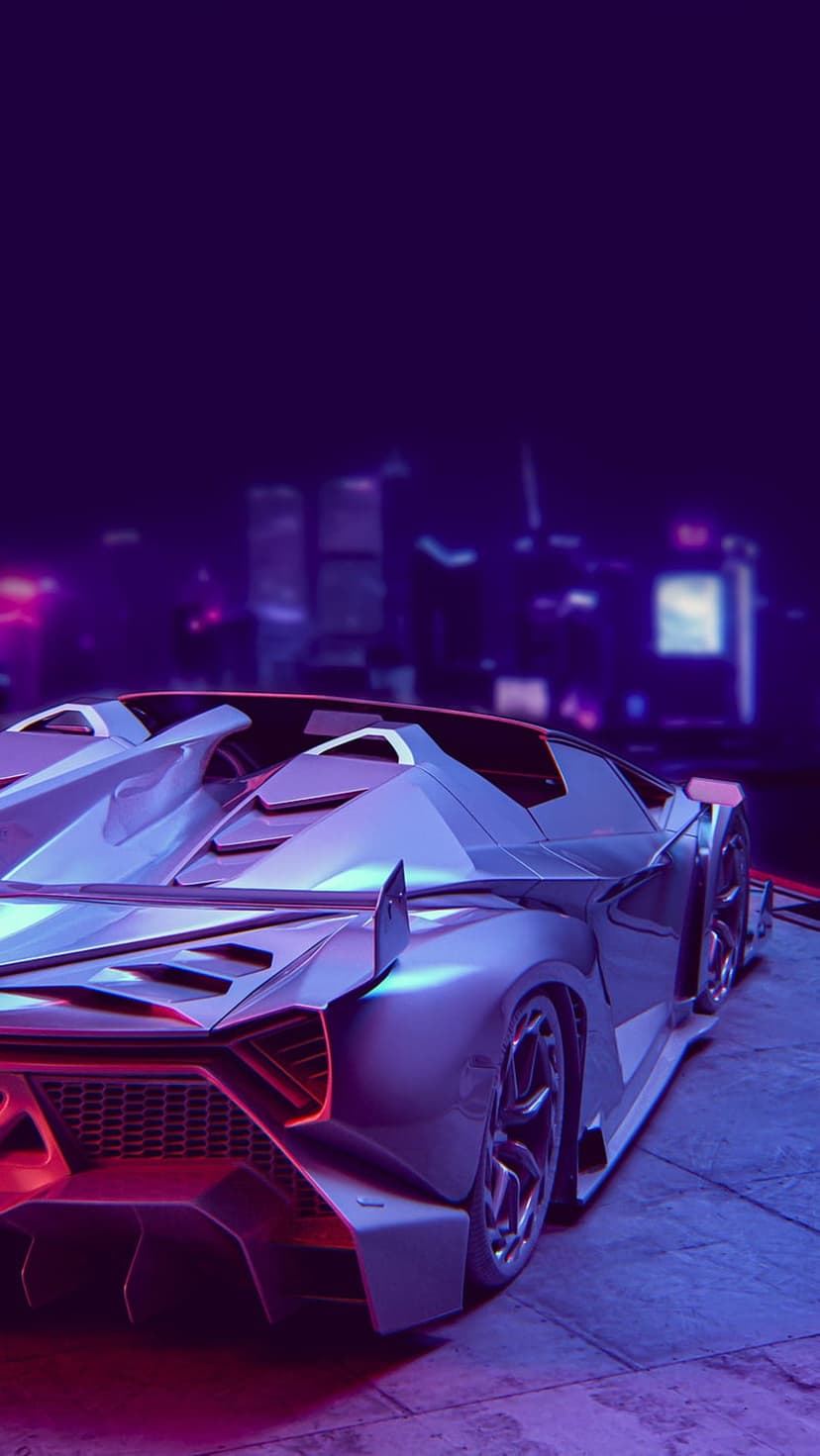 Futuristic sports car with glowing purple lines parked on a city street under neon skyscrapers at night.