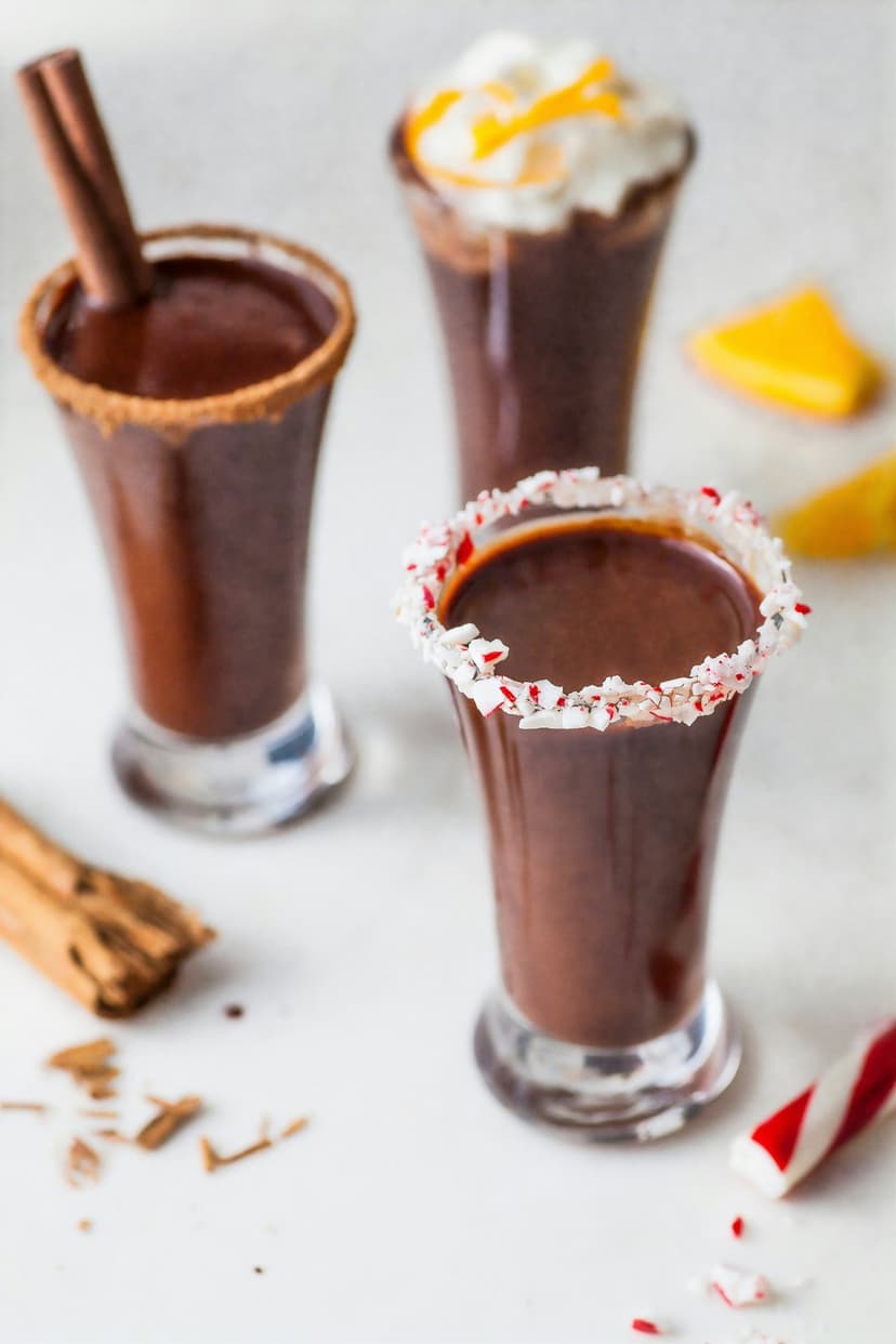 Three cocoa shot glasses with cinnamon sticks, peppermint, and orange zest against a festive background.