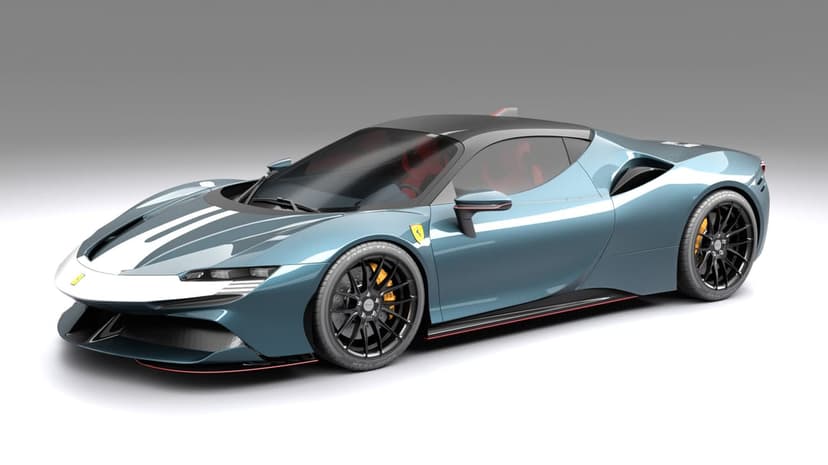 Metallic blue Ferrari SF90 Stradale hypercar with white hood stripes and black roof in a minimalist studio.
