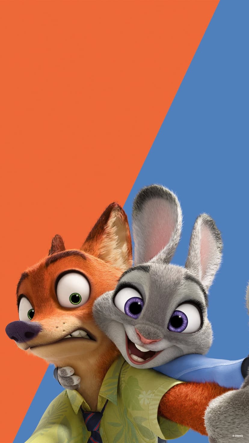 Judy Hopps hugs a surprised Nick Wilde against a split blue and orange background in this vertical portrait.