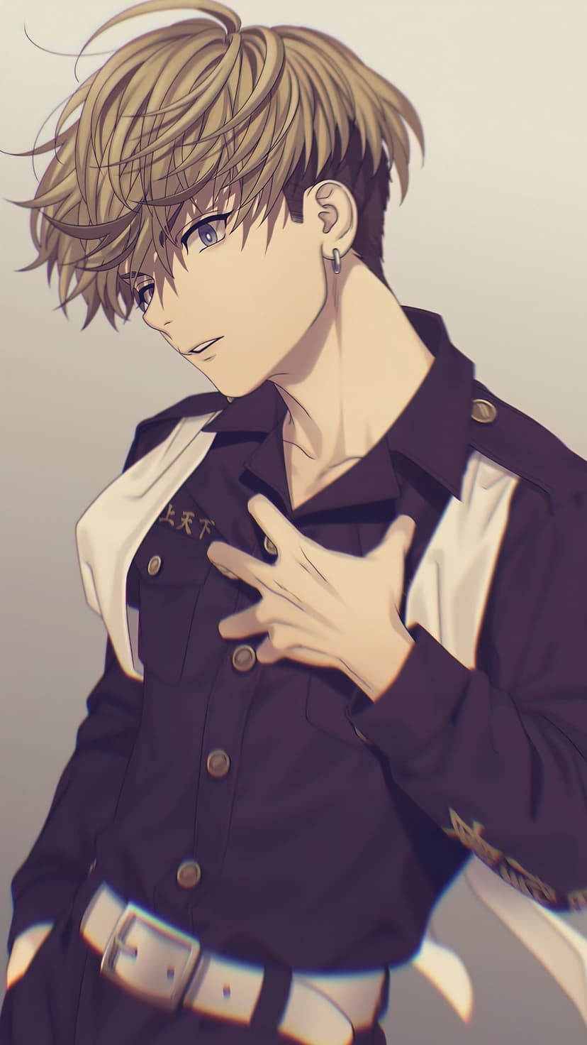 Blonde anime boy with purple eyes wearing a dark uniform and silver hoop earring, hand resting on his chest.