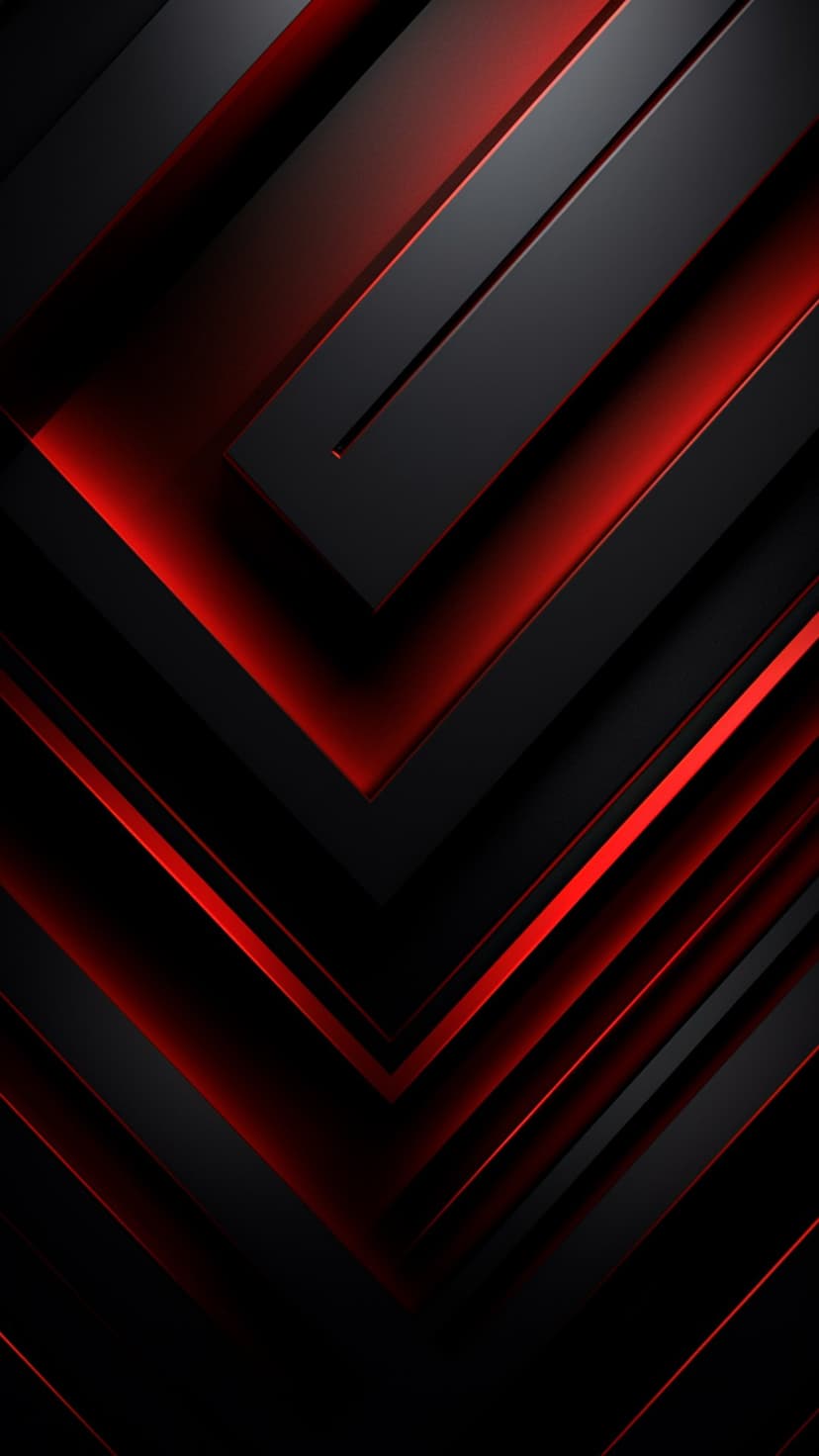 Red neon lights trace the sharp edges of dark gray geometric plates in a high-contrast abstract composition.