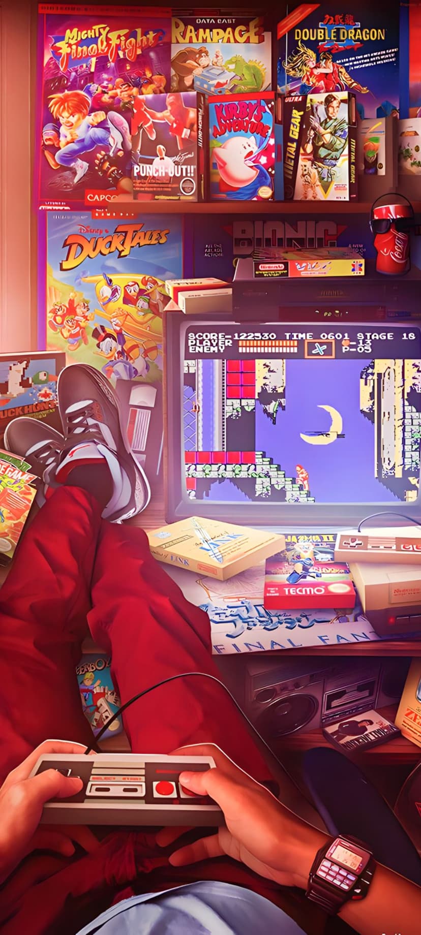Hands holding an NES controller over vintage game cartridges, a boombox, and a retro digital wristwatch.