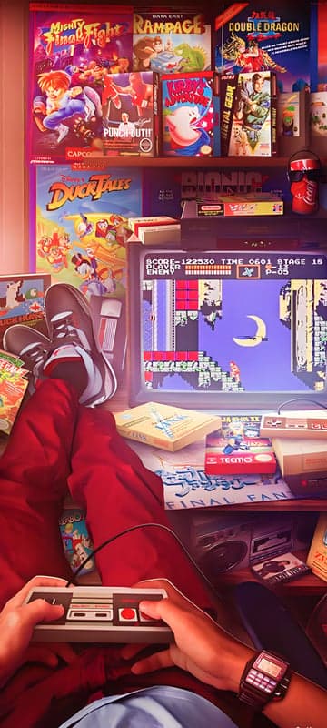 Retro Gaming Nostalgia: NES Games, Controller, and Vintage Tech