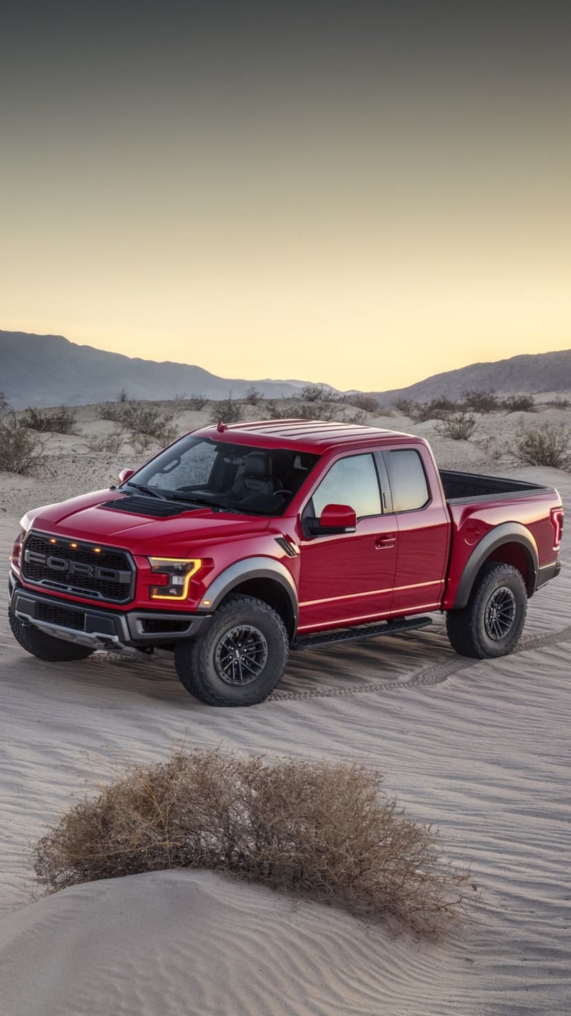 Red Ford Raptor truck parked on sand dunes under a sunset sky with mountains in the background.