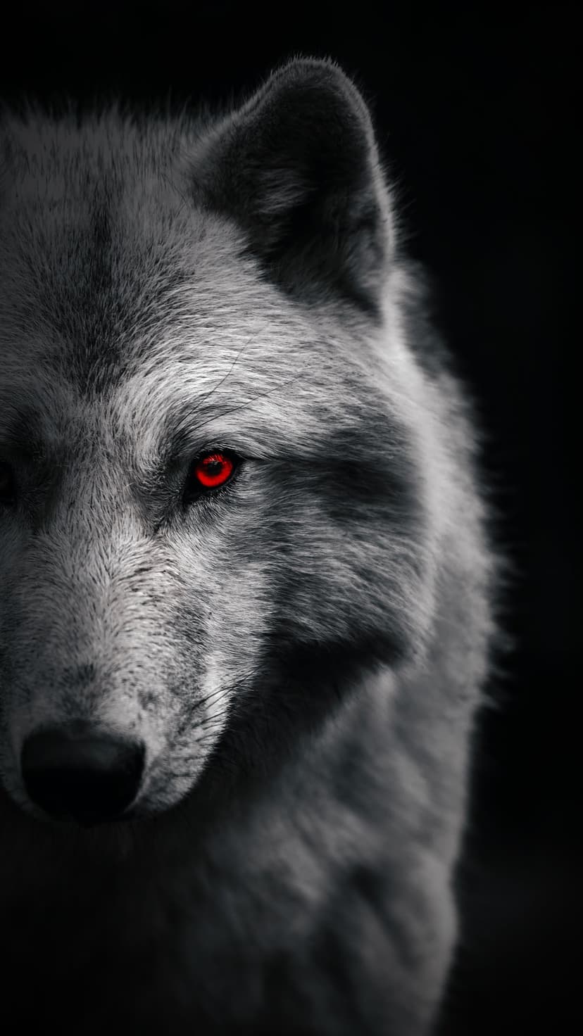 Wolf face in grayscale showing detailed fur and glowing red eyes against a solid black, shadowy background.