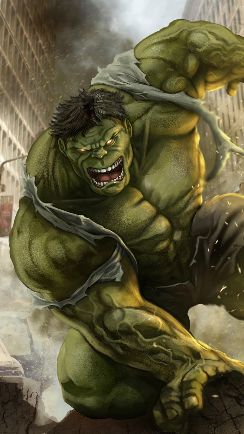 Hulk roars with bulging muscles and glowing yellow eyes amidst shattered city buildings and urban rubble.