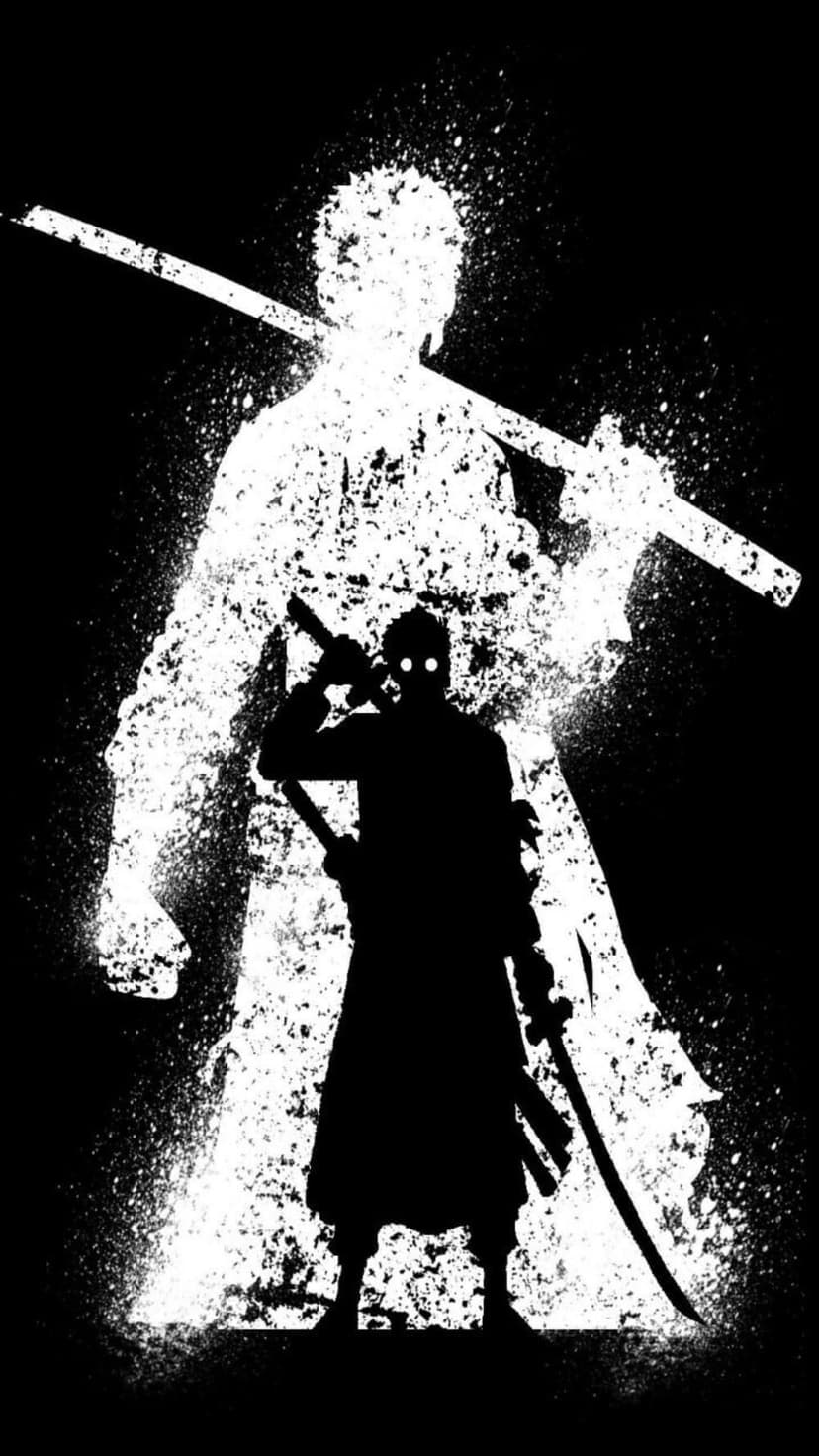 Roronoa Zoro silhouette holding three swords surrounded by dynamic white ink splashes on a black background.