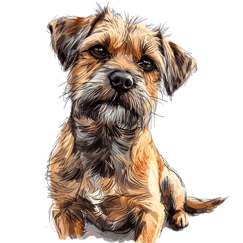Border Terrier dog digital portrait featuring wiry brown fur and dark eyes against a solid black background.