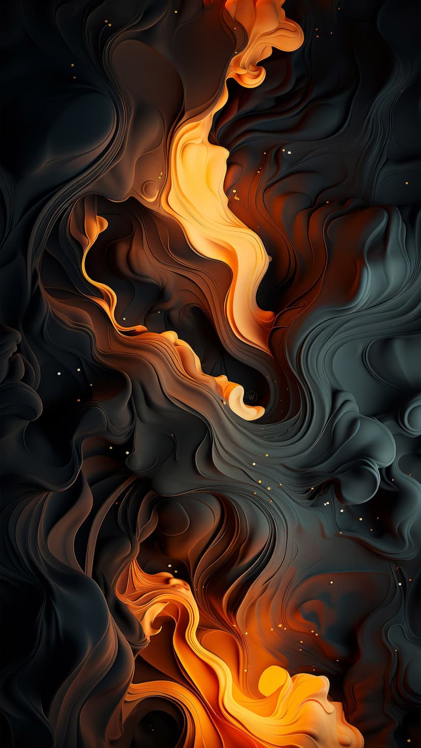 Luminous orange smoke swirls and golden particles drift against a textured black backdrop in vertical orientation.