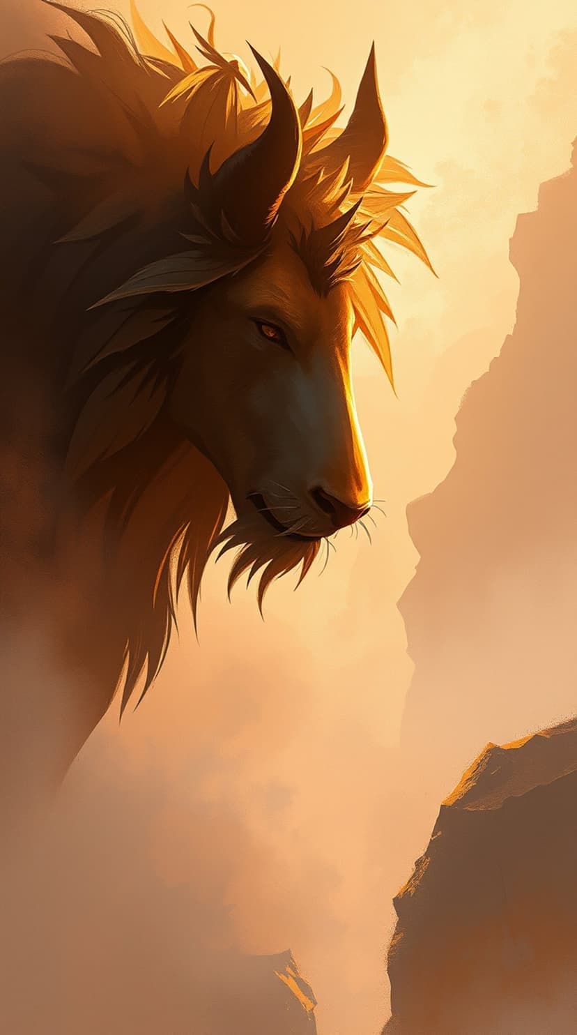 Horned lion with a flaming mane and glowing red eyes stands before sunlit cliffs in a golden mountain mist.