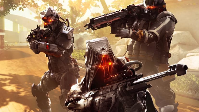 Three armored soldiers with glowing red eyes hold rifles in a bright sunlit outdoor courtyard with trees.