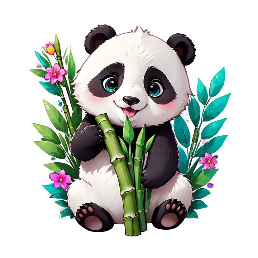 Panda cub sticker illustration featuring blue eyes and pink flowers holding green bamboo stalks on white background.