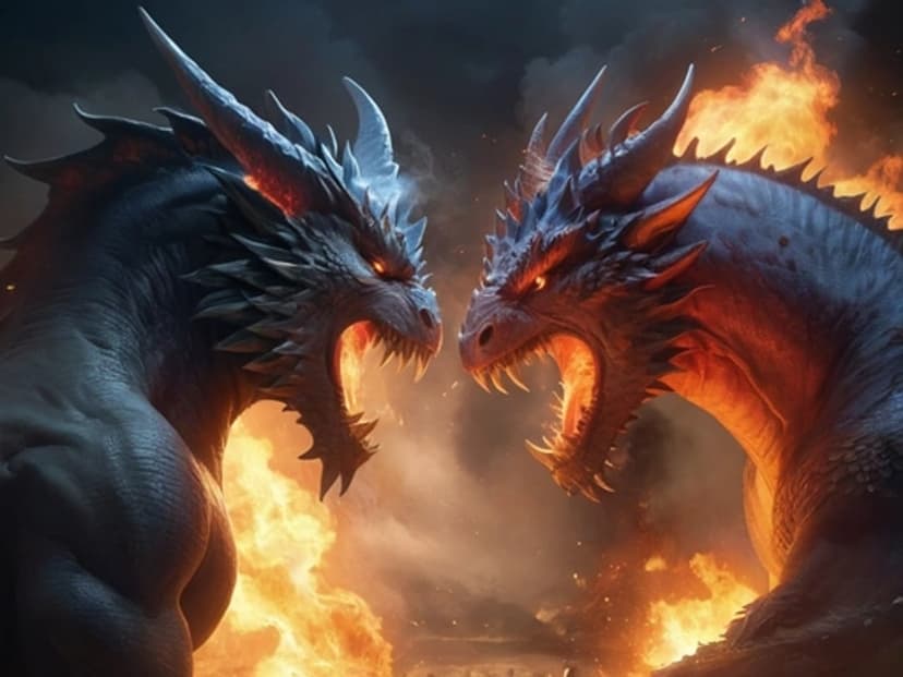 Two fanged dragons roar at each other amidst glowing orange embers and a dark, turbulent sky in a vertical view.