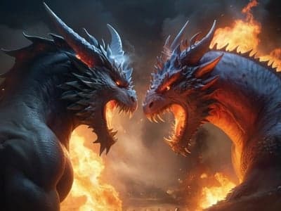 Two Fierce Dragons Clashing in Flames Phone Wallpaper