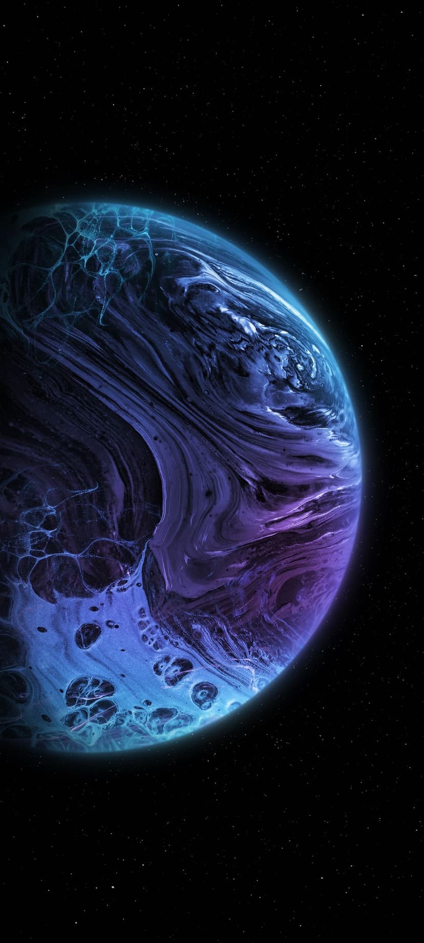 Spherical planet with violet and sapphire fluid patterns against a dark star-filled background in space.