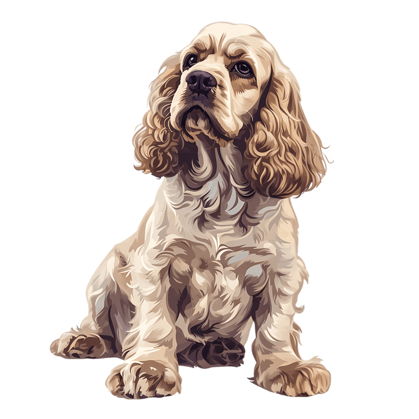 Cocker Spaniel dog sitting in a studio portrait style with long wavy ears and a light cream coat on black.