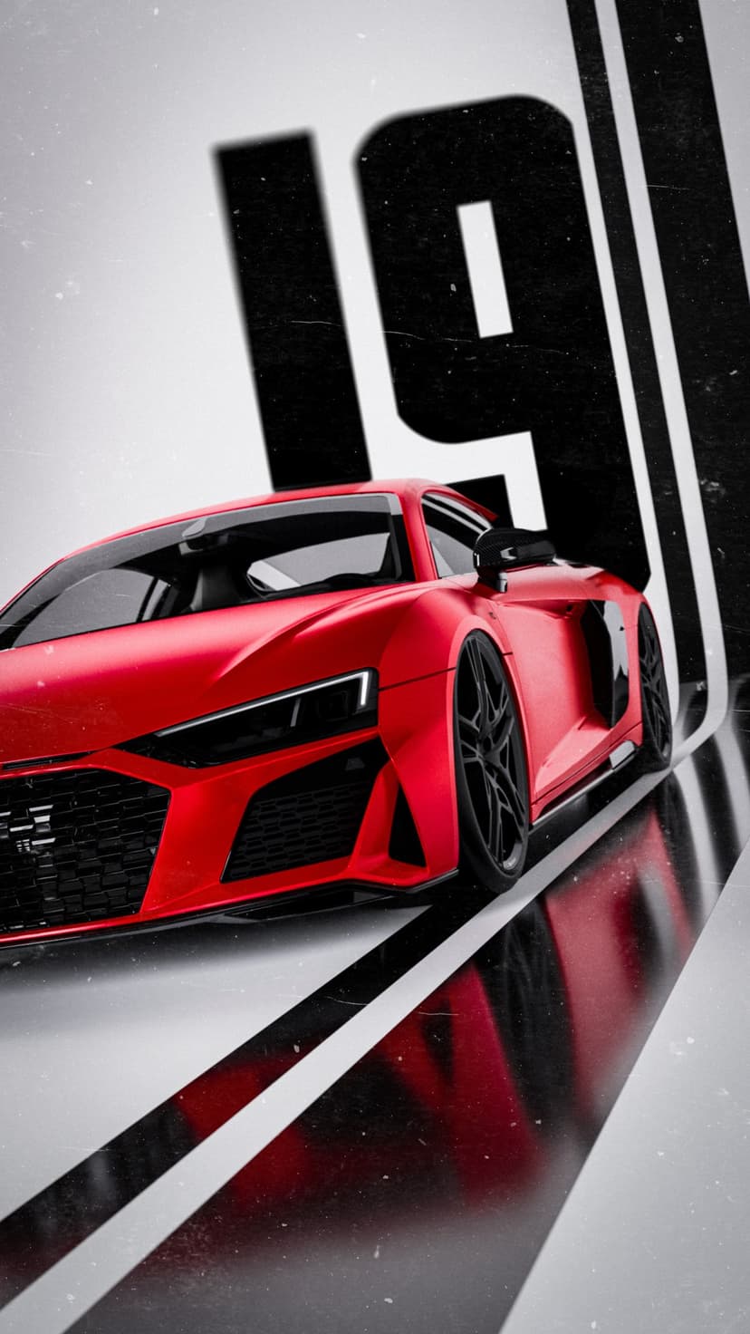 Red Audi R8 sports car positioned in front of a black and white graphic background with large number typography.