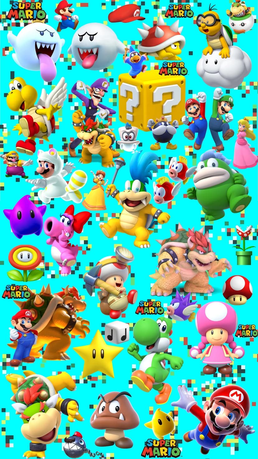 Mario, Peach, and Bowser lead a dense character assembly on a teal background for portrait orientation.