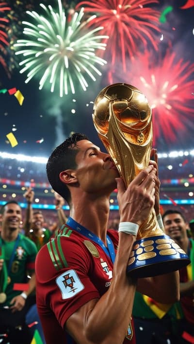 Cristiano Ronaldo kisses the World Cup trophy in celebratory fireworks