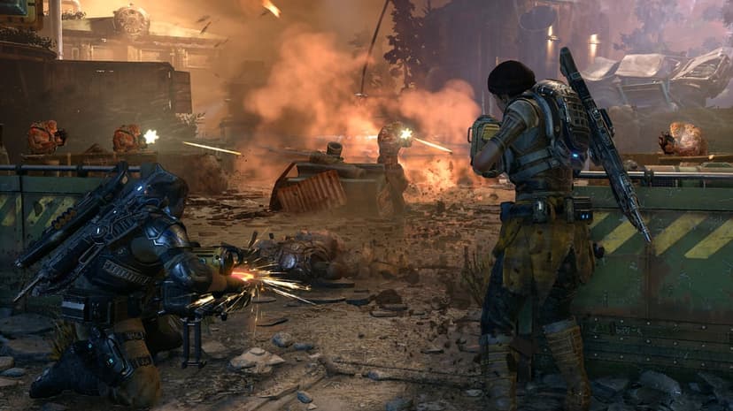 Armored soldiers engage in a fiery battle amidst orange smoke and debris in a war-torn urban setting.