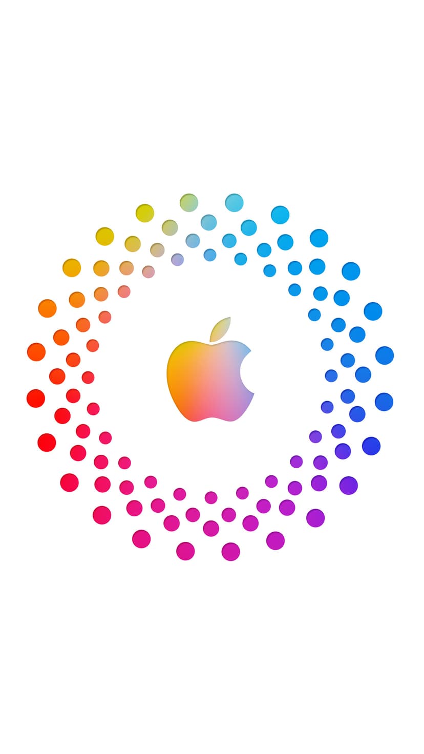 Apple logo featuring a vibrant color gradient is encircled by small dots on a clean white phone backdrop.