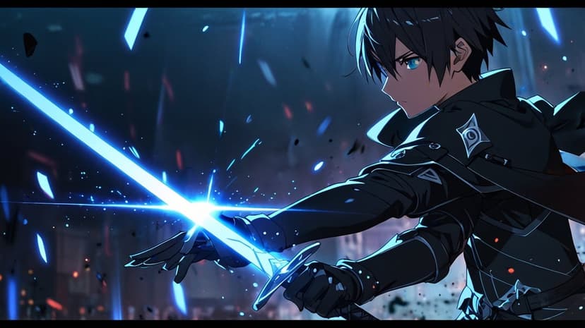Dark-armored warrior with glowing blue eyes holds a radiant energy sword amidst floating debris in a neon city.