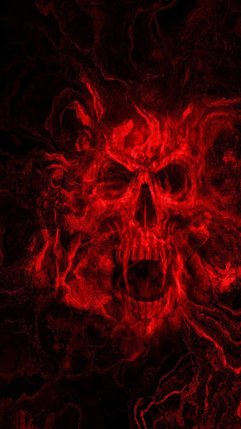 Red skull with an open mouth emerges from swirling black smoke and glowing crimson fire in a dark abyss.