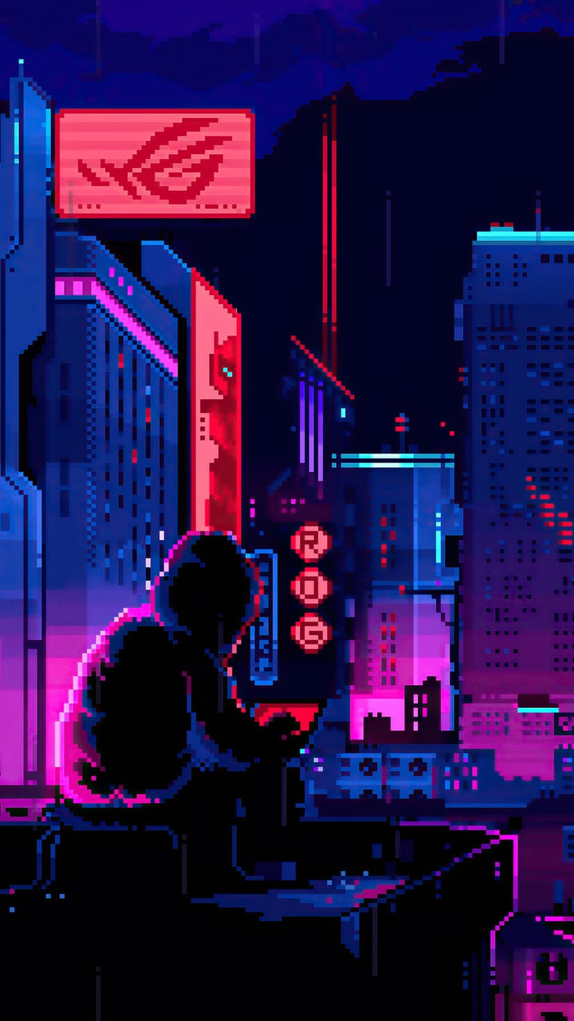 Hooded figure sitting on a rooftop ledge overlooking a night cityscape filled with neon blue and magenta lights.