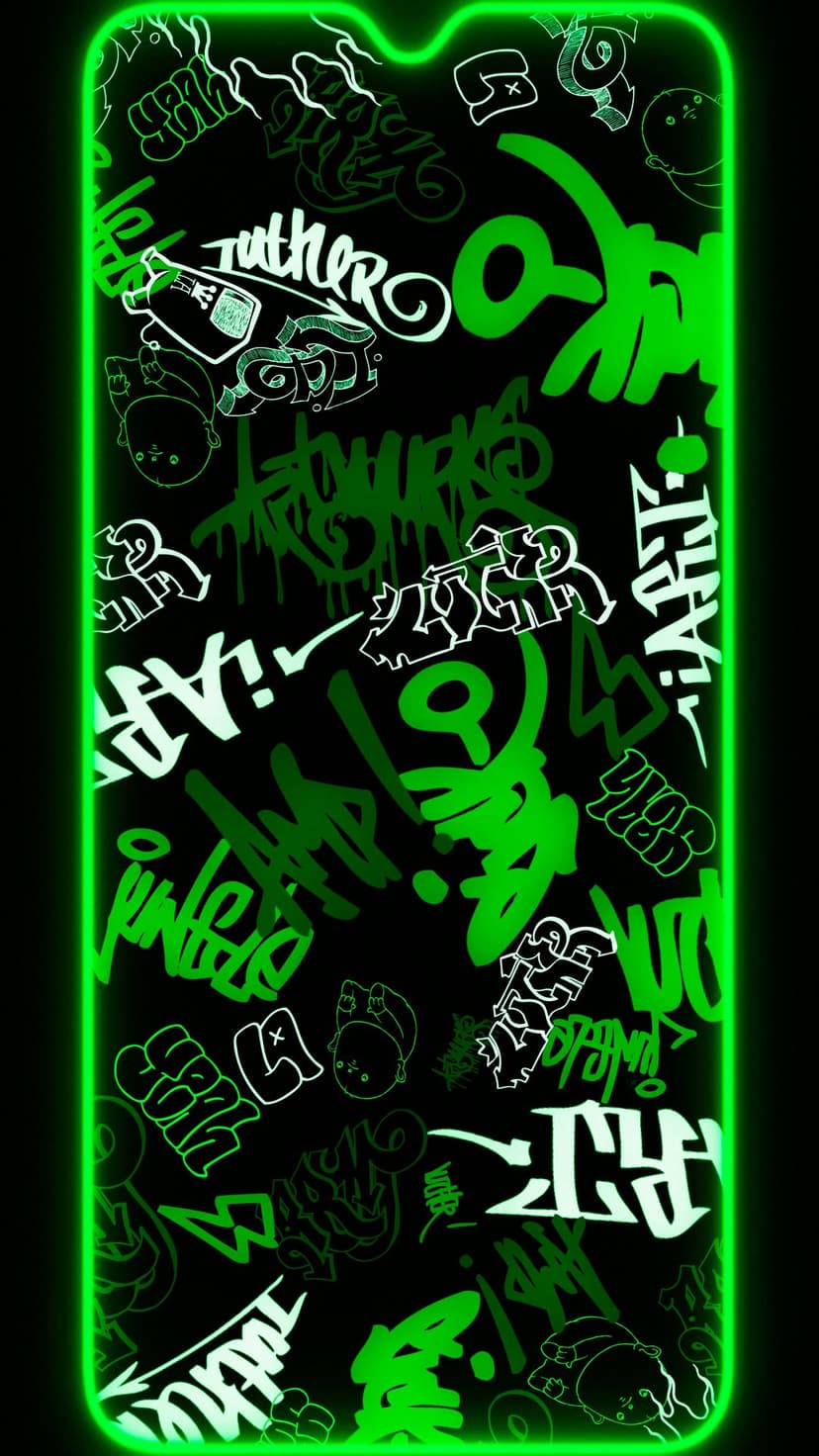Neon green graffiti letters and abstract spray paint drips overlaying a dark urban surface on a phone screen.