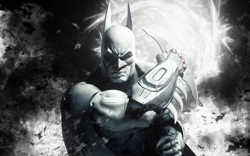 Batman in a battle-worn suit holding a batarang against a glowing white circular energy vortex and dark smoke.
