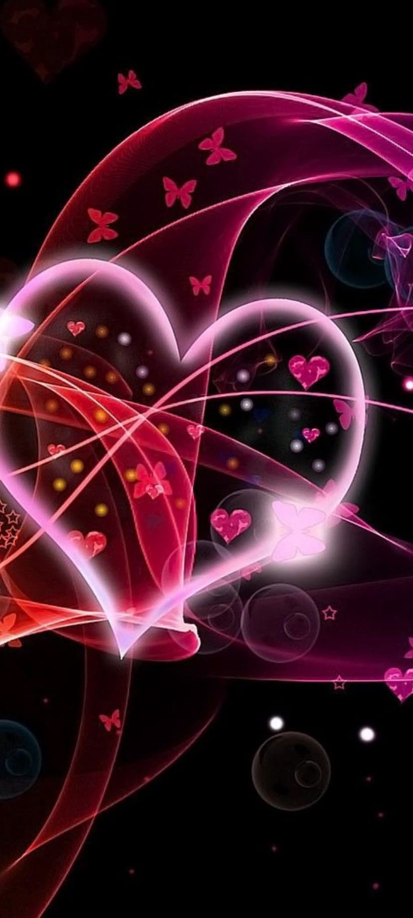 Glowing pink hearts and butterflies float among luminous magenta swirls against a dark black background.