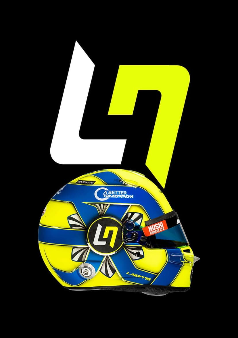 Lando Norris racing helmet with yellow and blue livery and LN logo set against a stylized graphic background.