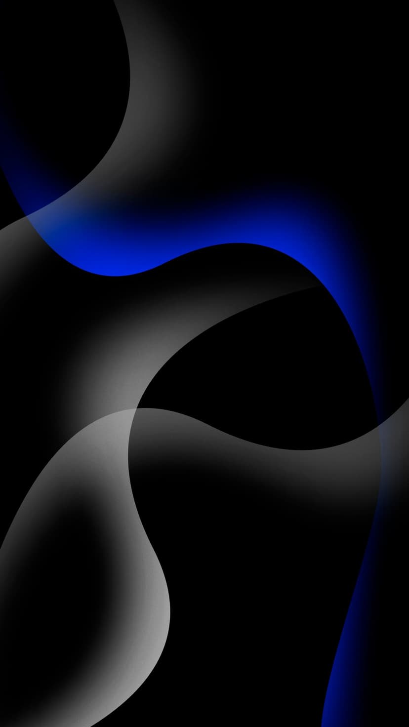 Electric blue fluid ribbons and smoky gray curves drift across a dark, high-contrast vertical surface.