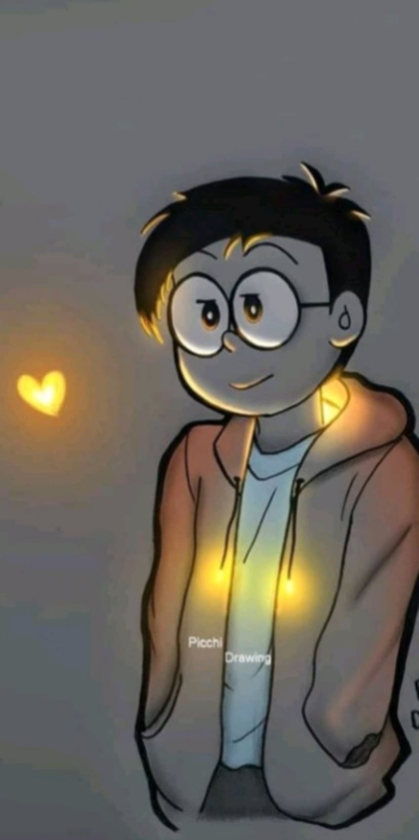 Nobita Nobi wearing glasses and a hoodie stands next to a radiant yellow heart emitting soft golden light.