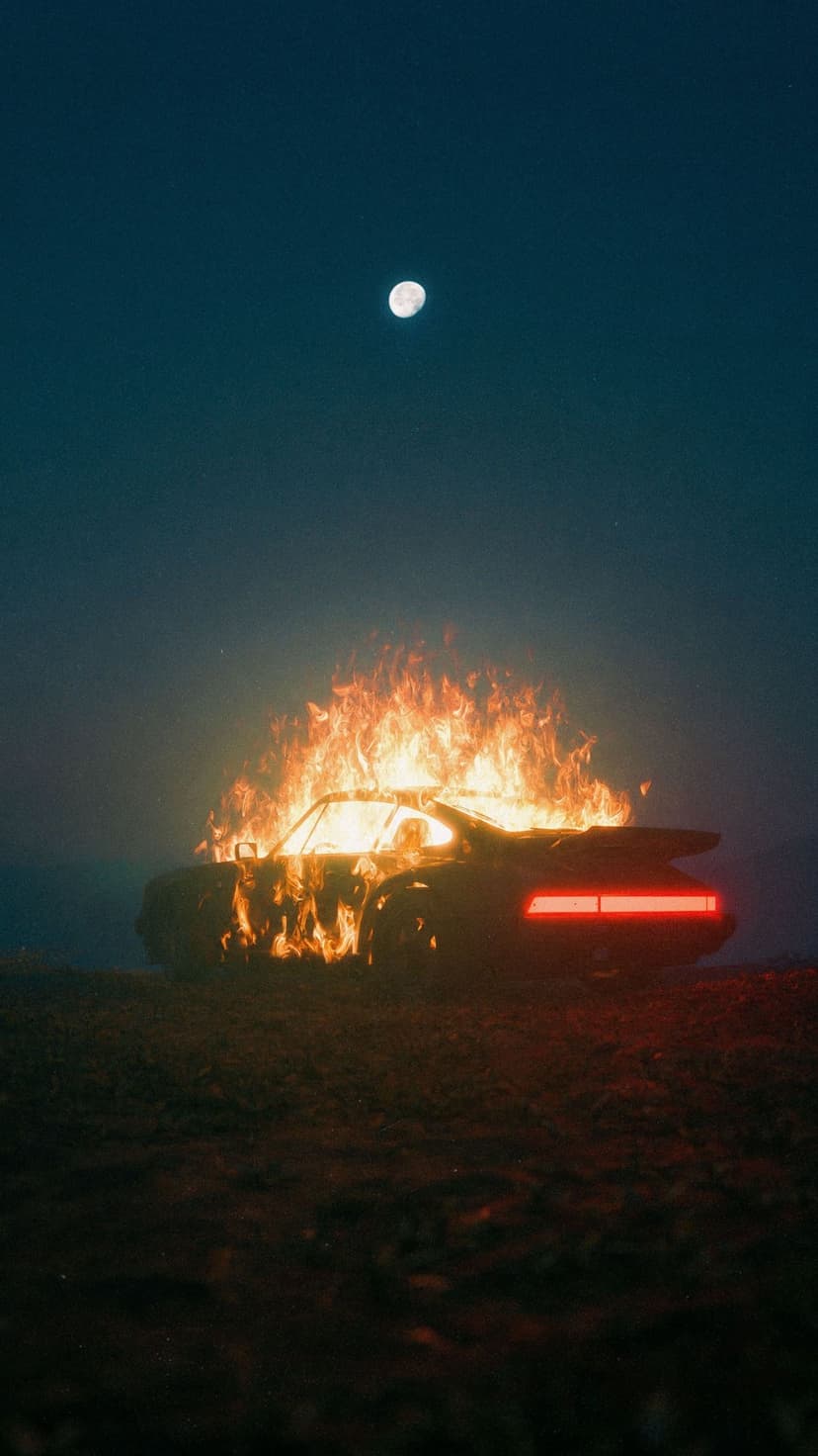 Car engulfed in tall orange flames under a bright moon and deep blue night sky with glowing red taillights.
